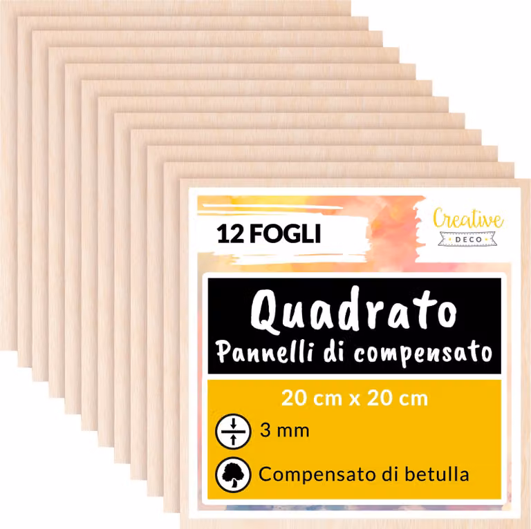 Creative Deco 12 x Compensato 20 x 20 cm Pannelli Legno Betulla 3mm | Pannelli Compensato 200x200x3mm (+/- 0.5mm) | Decorazione, Modellare, Pirografia