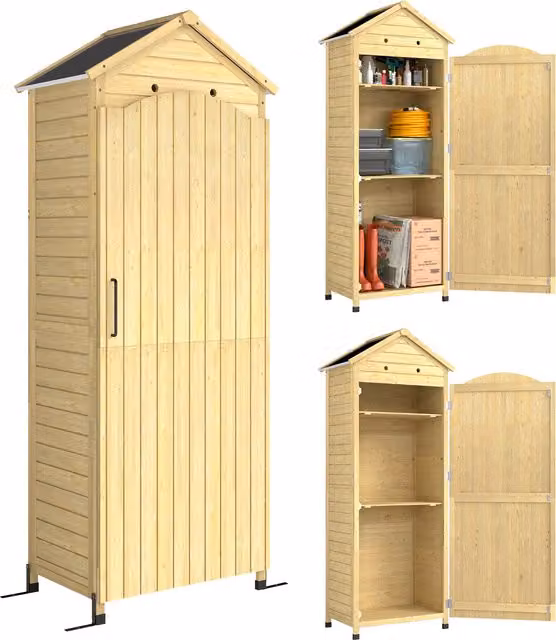 Armadio da giardino Outsunny in legno naturale con tetto in acciaio zincato e ripiani regolabili L/P/H: 85 x 58 x 213 cm