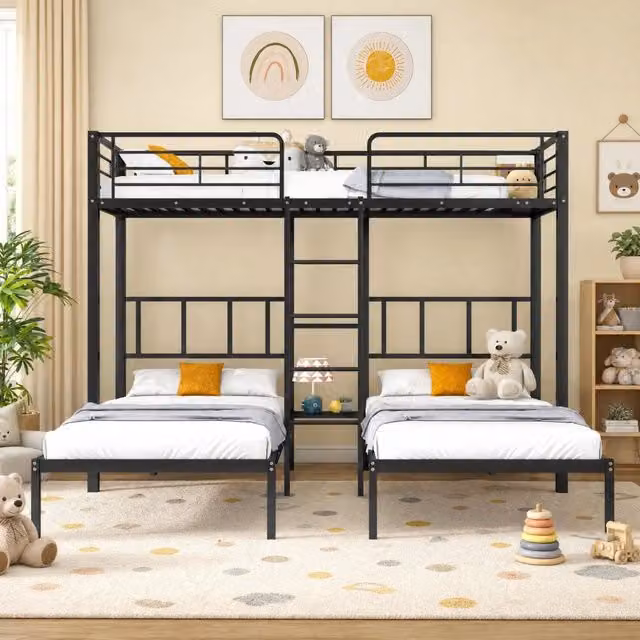 Letto a castello Mivray in metallo nero con scala, ripiano laterale e barriera di sicurezza, dimensioni L/P/H: 90 x 200 x 170 cm