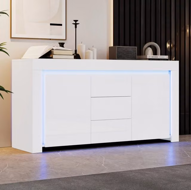 Mobile soggiorno bianco lucido 140x40x65 cm con 2 ante, 3 cassetti e illuminazione LED regolabile