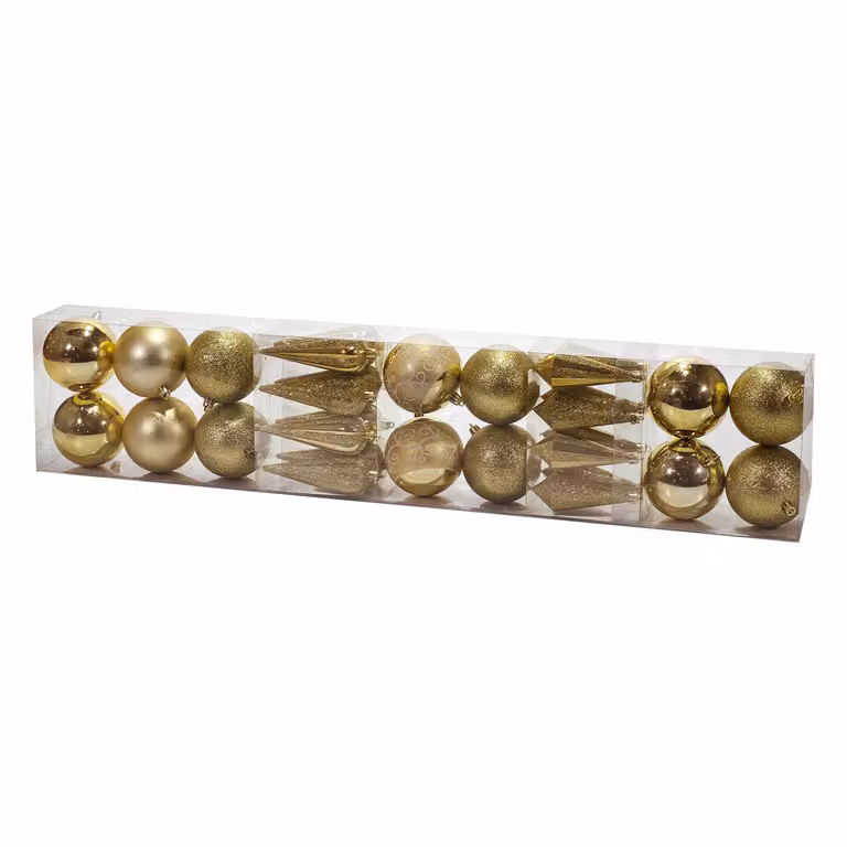 VESTIAMO CASA Set di 30 decorazioni natalizie appese oro con palline e pendenti geometrici in plastica