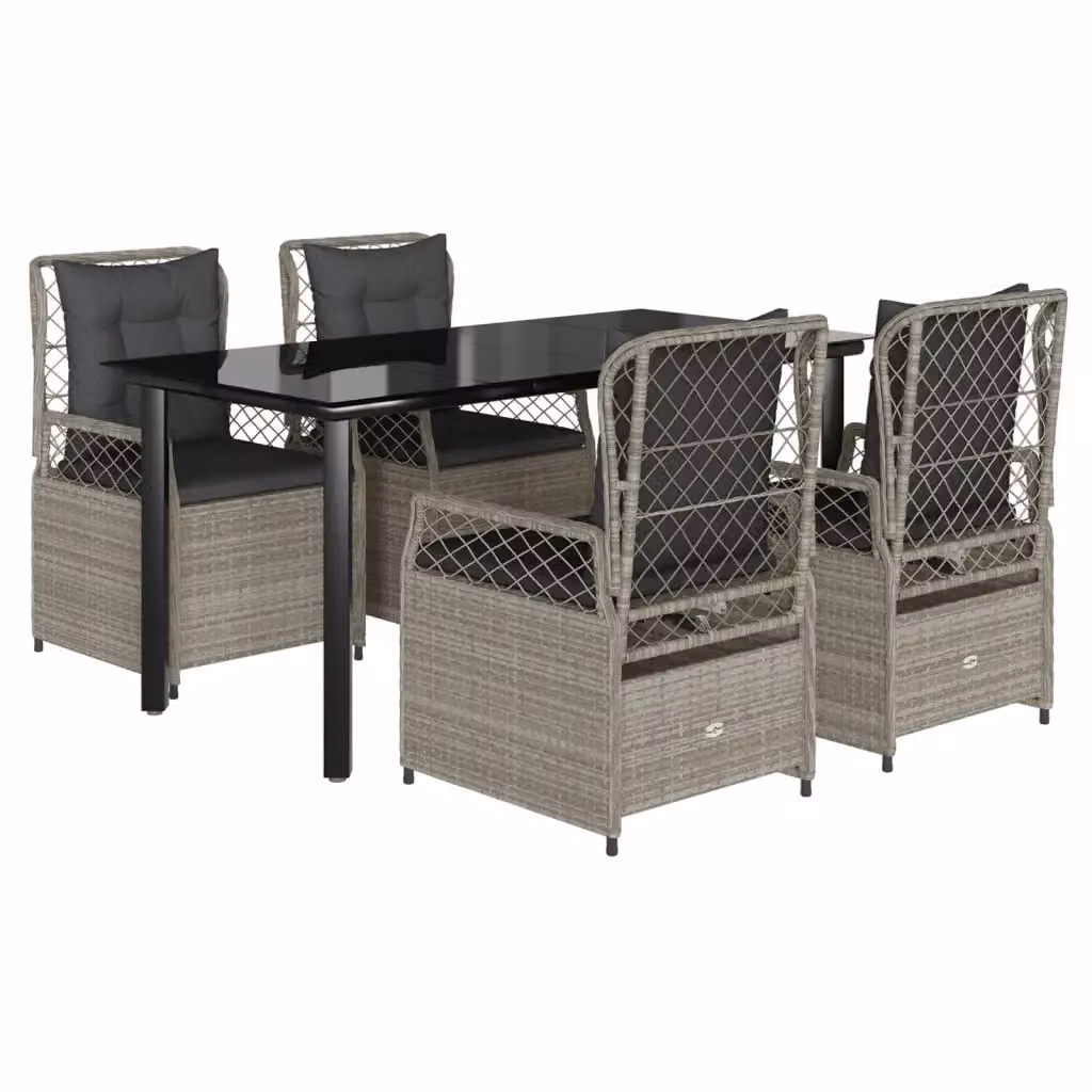 Set Pranzo da Giardino vidaXL in Polyrattan con Piano in Vetro e 5 Cuscini Grigio Chiaro e Nero – 2