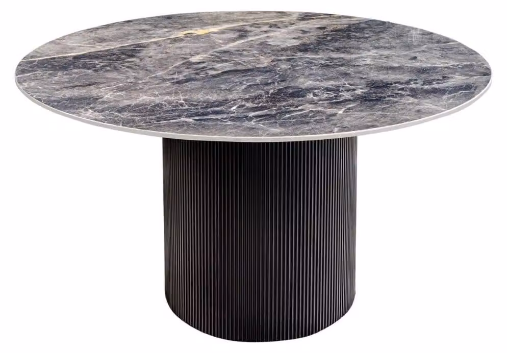 Tavolo da pranzo LUMEA – Rotondo 120 cm – Effetto marmo grigio scuro – Piede centrale largo – Stile contemporaneo
