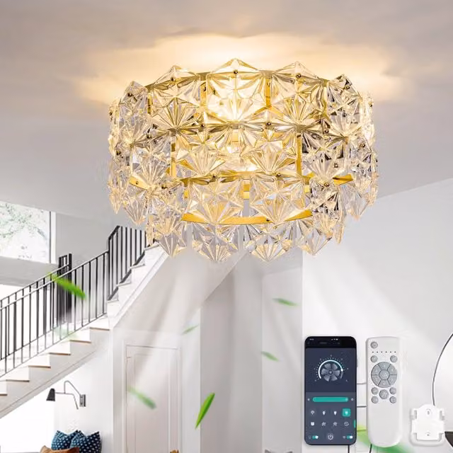 Ventilatore a soffitto Minimal con lampadario in cristallo, colore oro, con telecomando e controllo app, 6 velocità reversibili