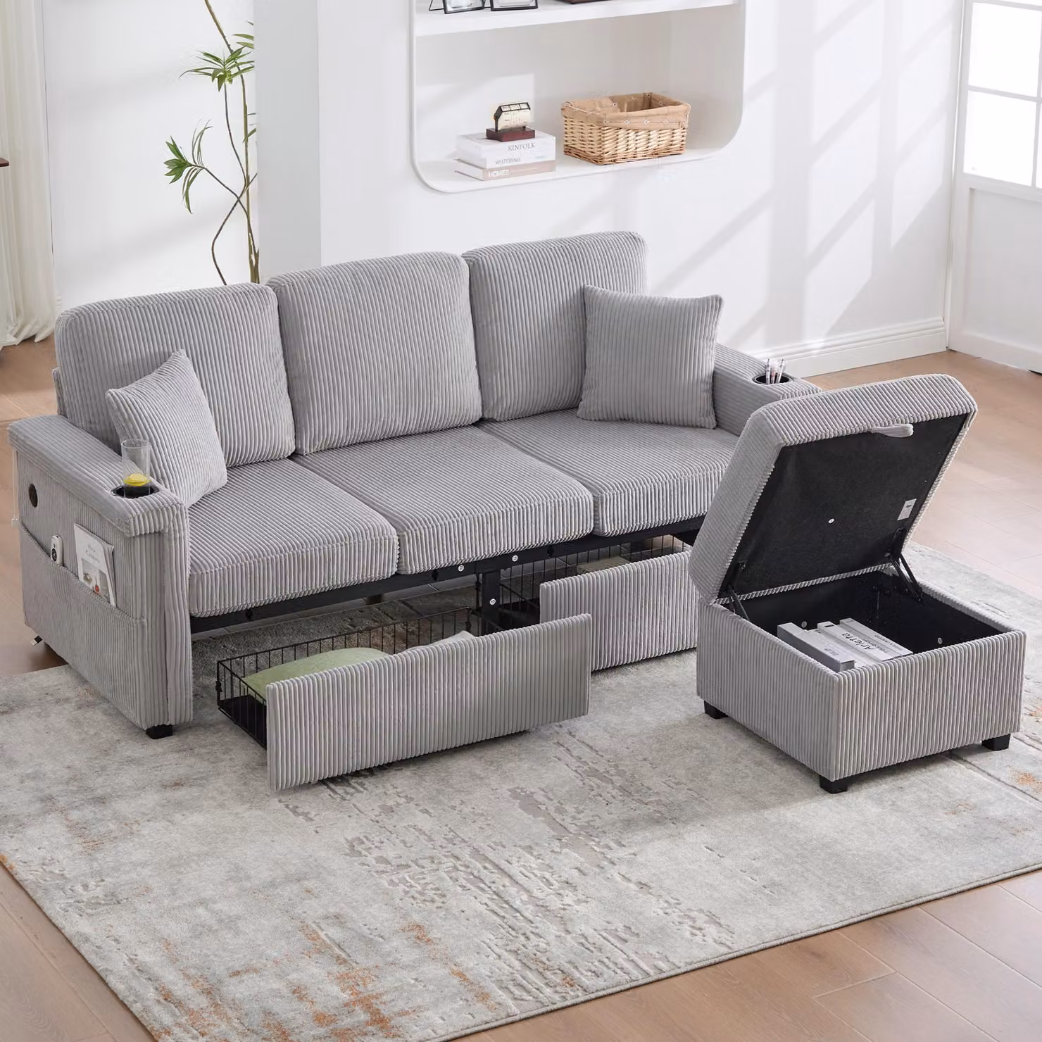 LVHOM Divano angolare modulare con LED e USB, divano a 3 posti con pouf e cassetti, divano imbottito in tessuto a coste, grigio chiaro