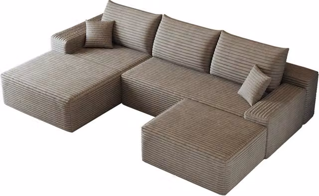 Divano modulare imbottito con chaise longue a L e seduta profonda per soggiorno in velluto a coste cammello