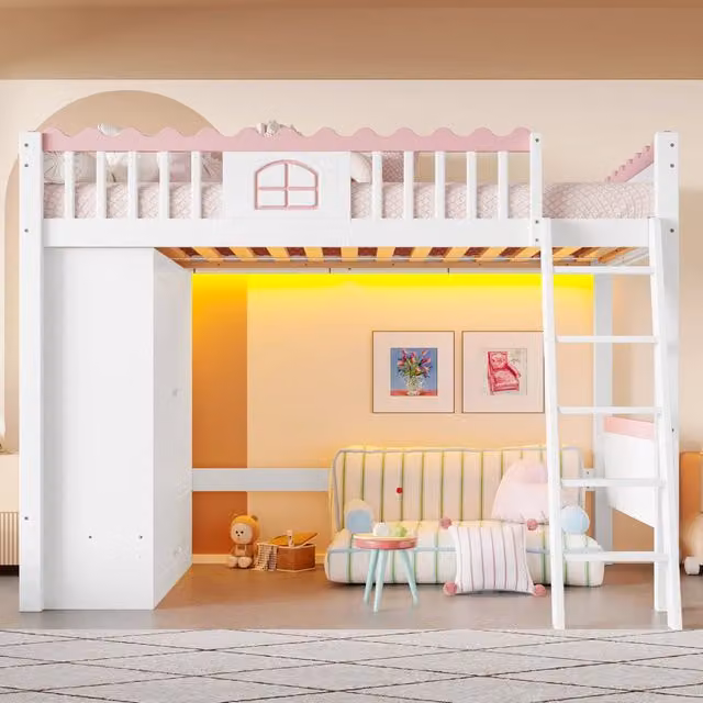Letto a soppalco singolo Chicfurn in pino e MDF bianco con armadio, cassetto e illuminazione LED, L/P/H: 90 x 200 x 160.8 cm