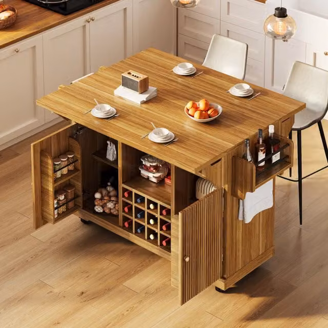 Carrello cucina multifunzione WISHDOR con piano estensibile e ruote frenate, colore marrone, L/P/H: 142.5 x 95.0 x 80.0 cm