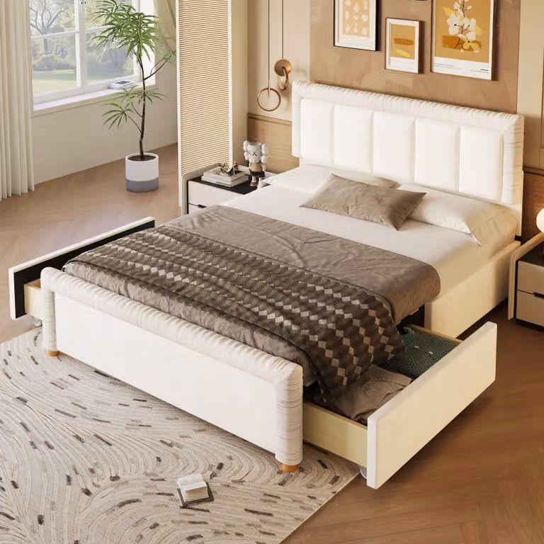 Letto imbottito MODFU 140x200, in velluto, matrimoniale con testiera imbottita, struttura letto per ragazzi con 2 cassetti e piedi in legno, letto contenitore, senza materasso, color beige
