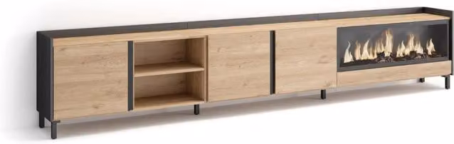 Mobile TV Soggiorno, 315x61x35 cm, Per TV fino a 80", Camino elettrico XXL, Design industriale, Rovere e nero