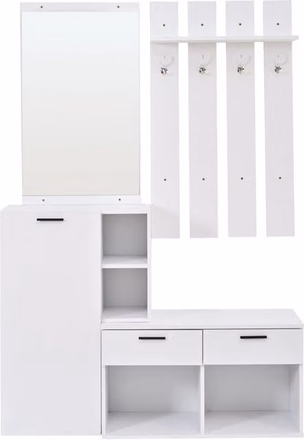 Guardaroba da ingresso Chicfurn con specchio, 4 ganci, 2 cassetti e scarpiera in MDF bianco, L: 120 cm, P: 35 cm, H: 175.5 cm