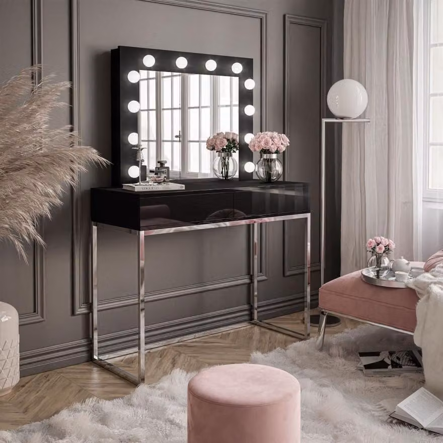 Tavolo da trucco BLANCO GLAMOUR con specchio e illuminazione a LED cromato / nero lucido Push-to-open
