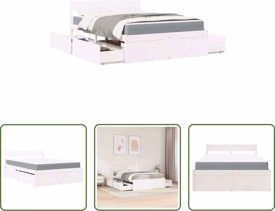 The Living Store Letto con cassetti e materasso Bianco 140x190 cm in legno massiccio