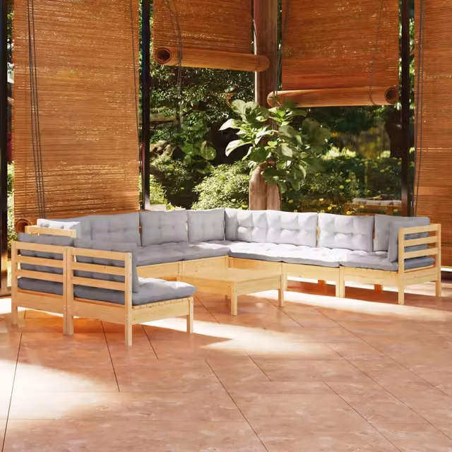 Set Divani da Giardino 10 pz con Cuscini Grigi Massello di Pino 3096832