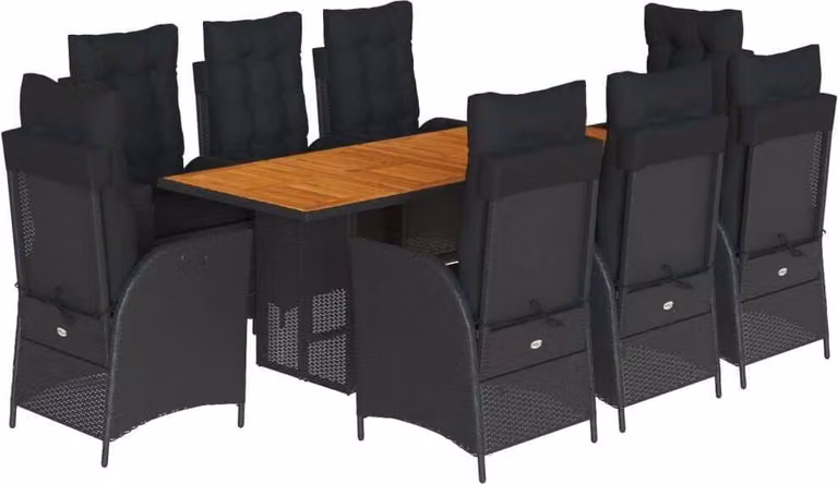 Set da Pranzo da Giardino 9 pz con Cuscini Nero in Polyrattan