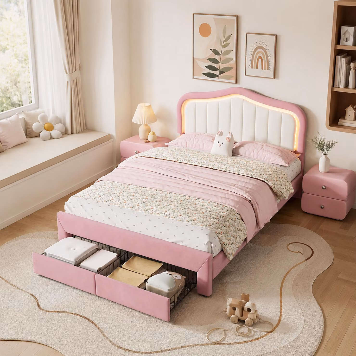 Letto imbottito okwish 140x200 con 2 cassetti e luci LED controllabili tramite app, letto per bambini con schienale bianco, letto singolo rosa, senza materasso