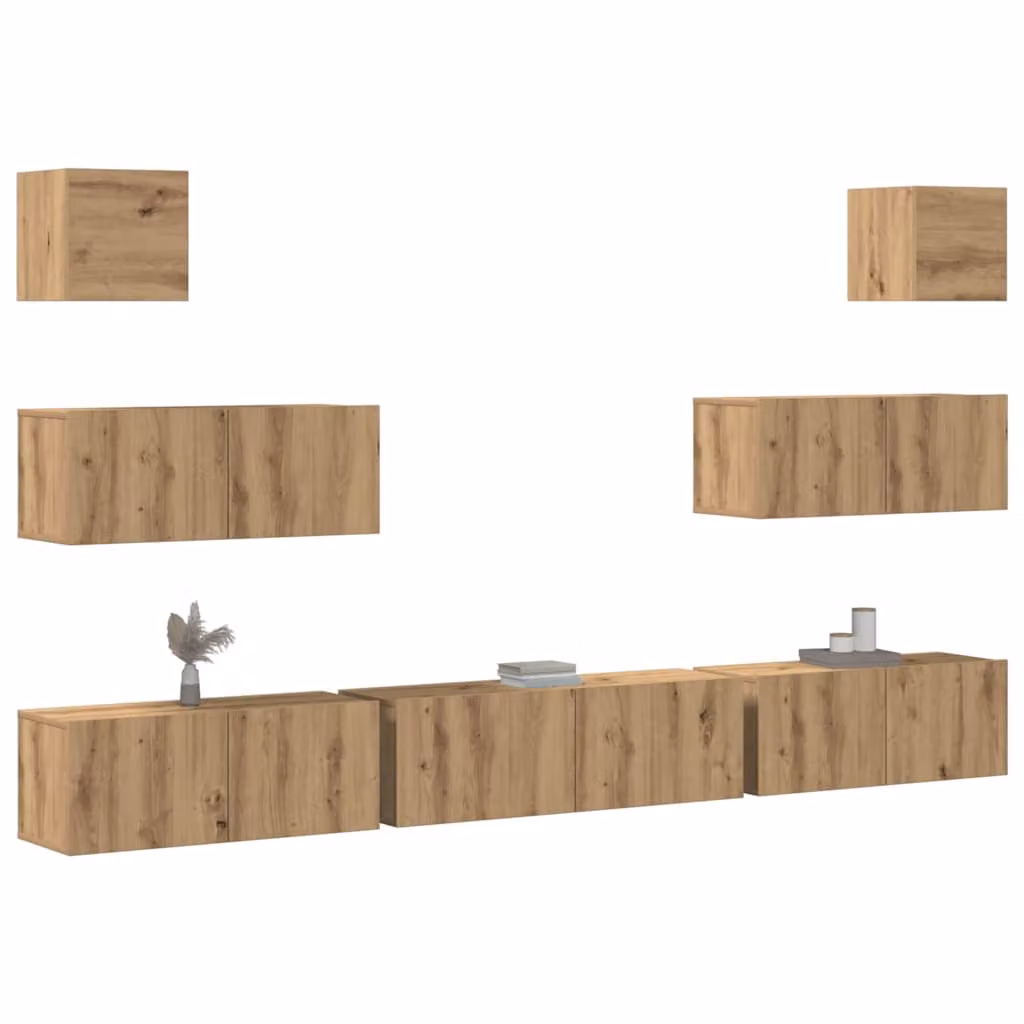 Set Mobile TV vidaXL da 7 pezzi in Legno Multistrato e MDF Rovere Marrone per Soggiorno con Montaggio a Parete