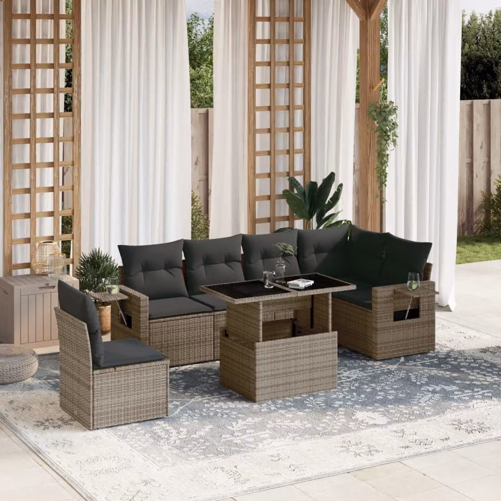 Set di divani da giardino vidaXL in 7 pezzi con cuscini grigi in polyrattan e struttura in metallo – 1
