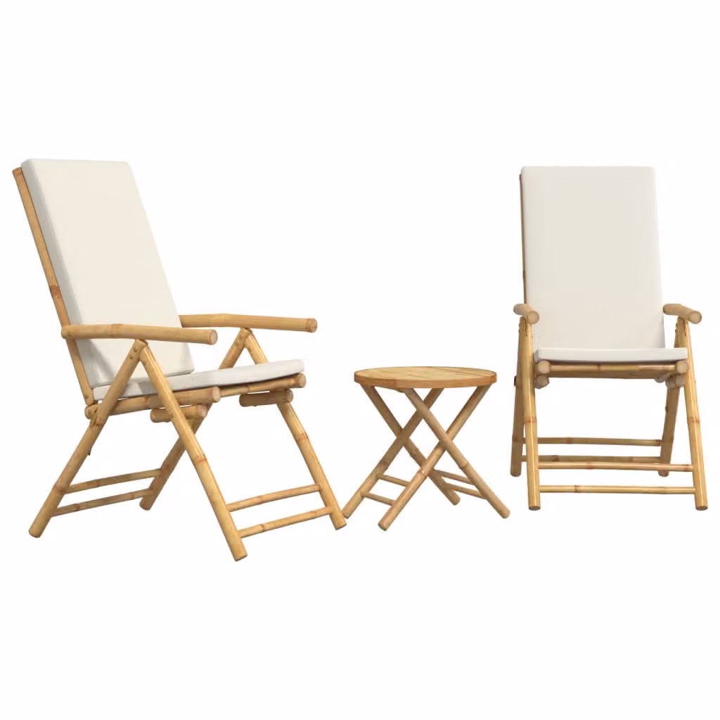 Set da Bistrot Pieghevole 3 pz Cuscini Bianco Crema in Bambù
