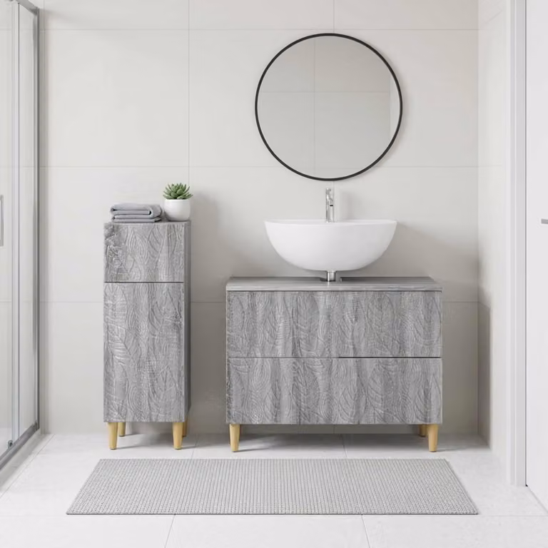 Set di mobili da bagno moderni vidaXL DELFT composto da 2 pezzi in legno grigio con ante a cerniera e ripiani interni L/P/H: 82 x 34,7 x 41 cm