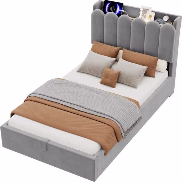 Letto singolo per bambini 90x200 in velluto grigio con contenitore， senza materasso