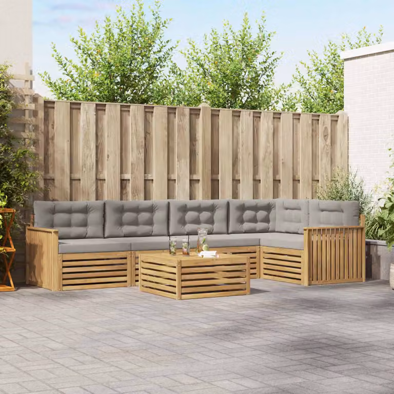 Set di divani da esterno vidaXL a forma di L con tavolo da caffè, 6 pezzi, in legno di acacia e poliestere resistente ai raggi UV, Bianco, Grigio e Marrone