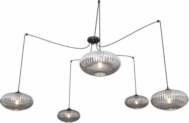 Lampadario 5 Luci Peteh In Acciaio Nero Paralume Plissettato Fumè