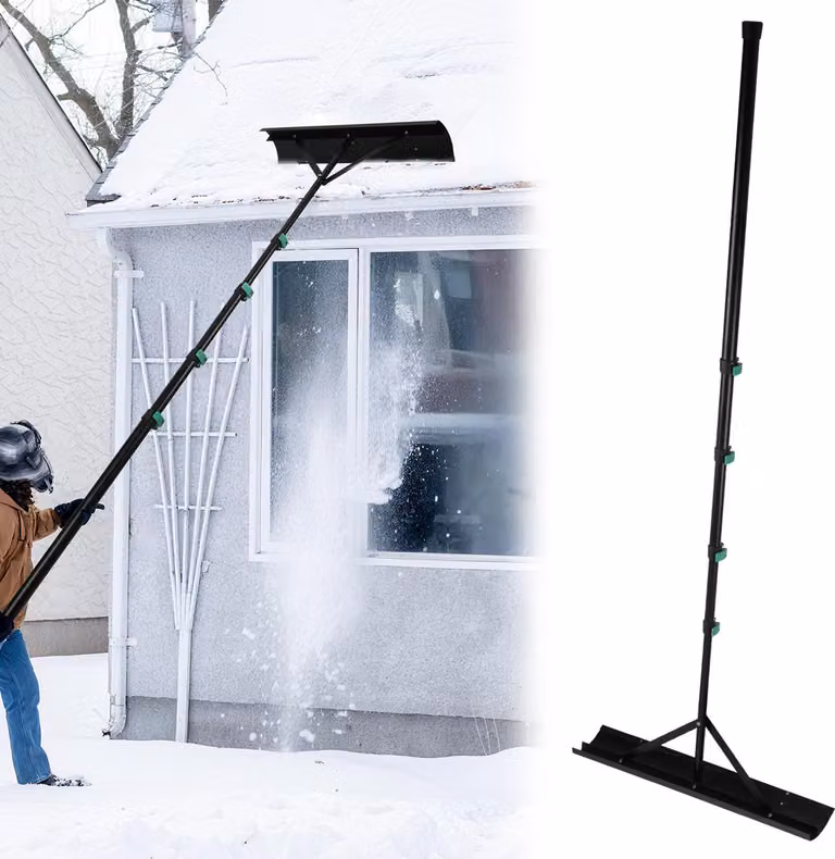 Jayseuw Rastrello da neve per tetti da 3,6 metri, pala da neve leggera, lama in alluminio con labbro in gomma, struttura robusta, adatta per pannelli solari e tetti.