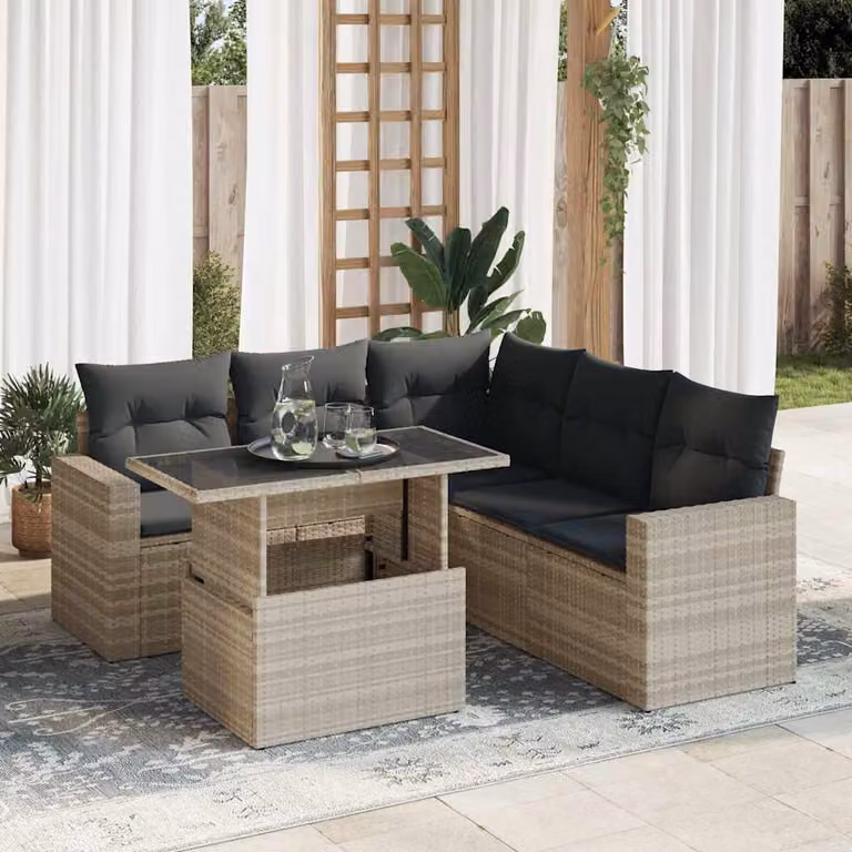 Set Divano da Giardino a L vidaXL 6 Pezzi con Cuscini Grigio Chiaro e Tavolino in Polyrattan e Metallo