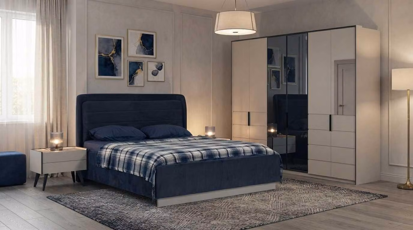 Set per camera da letto: letto, comodini, armadio, design moderno, colore blu, vetro, elegante