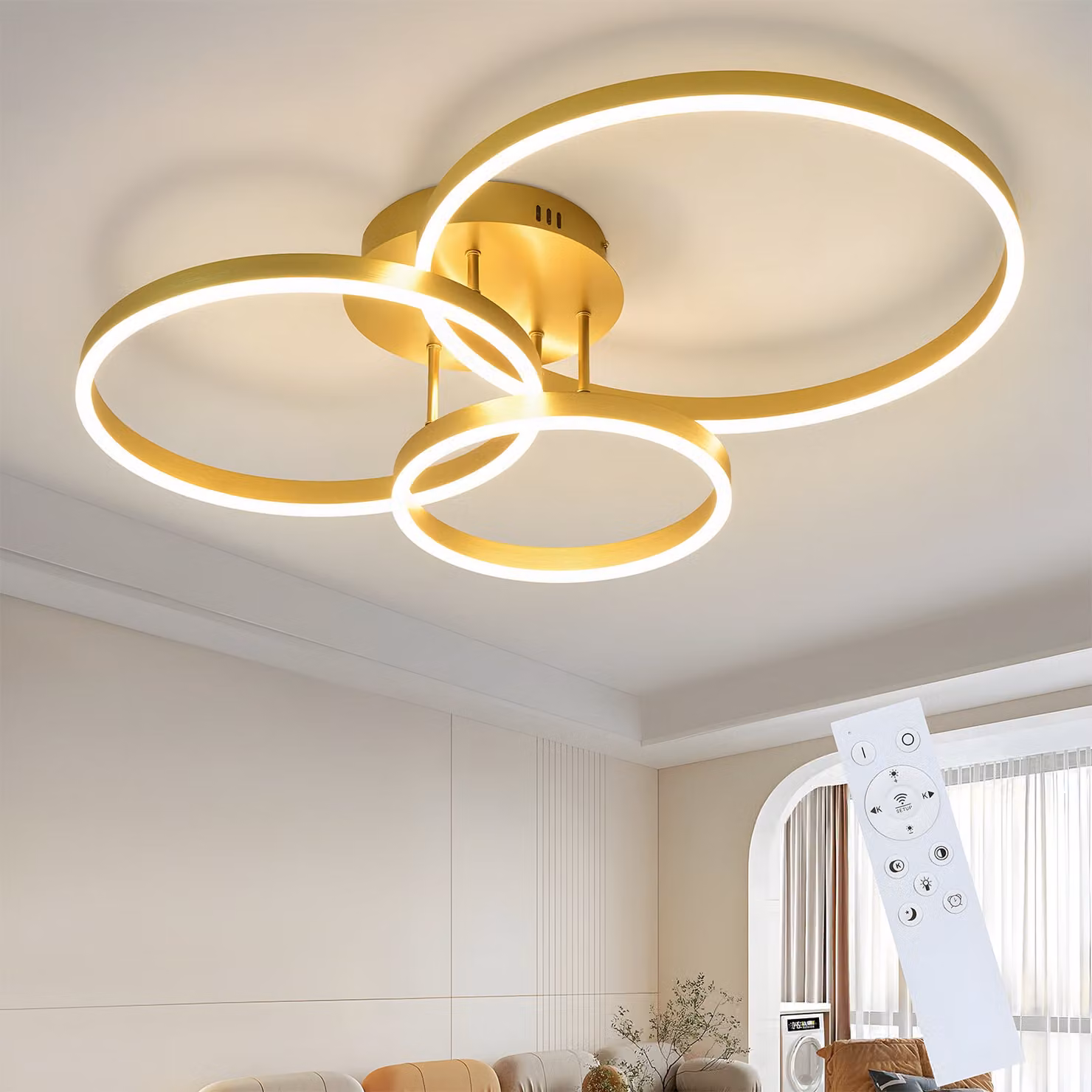 ZMH Lampada da soffitto a LED dimmerabile 82 cm, color oro, per camera da letto con telecomando; lampada da soffitto 74 W con 3 anelli, illuminazione da soffitto per camera da letto e cucina