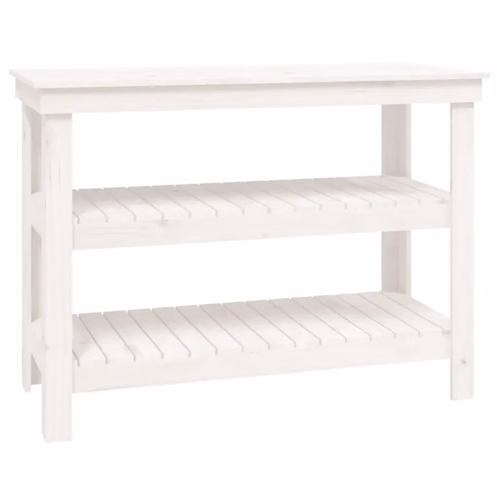 vidaXL Banco da lavoro con scaffale in legno di pino bianco L 110,4 cm x P 16,4 cm x H 80 cm – 2
