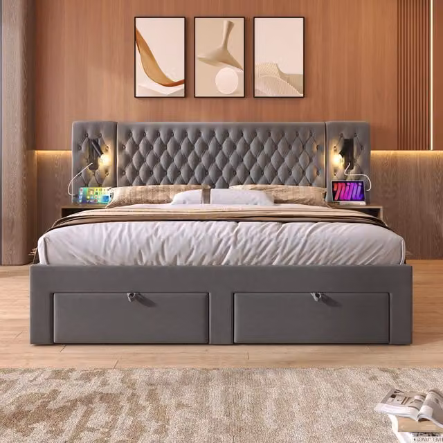Letto matrimoniale 160x200 cm imbottito in velluto grigio con quattro cassetti; comodini e luci da lettura