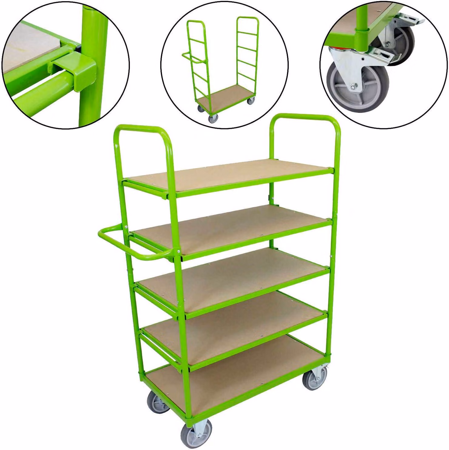 Carrello a ripiani 180x144x63 cm, 600 kg, 5 ripiani, carrello per la preparazione degli ordini, carrello di trasporto