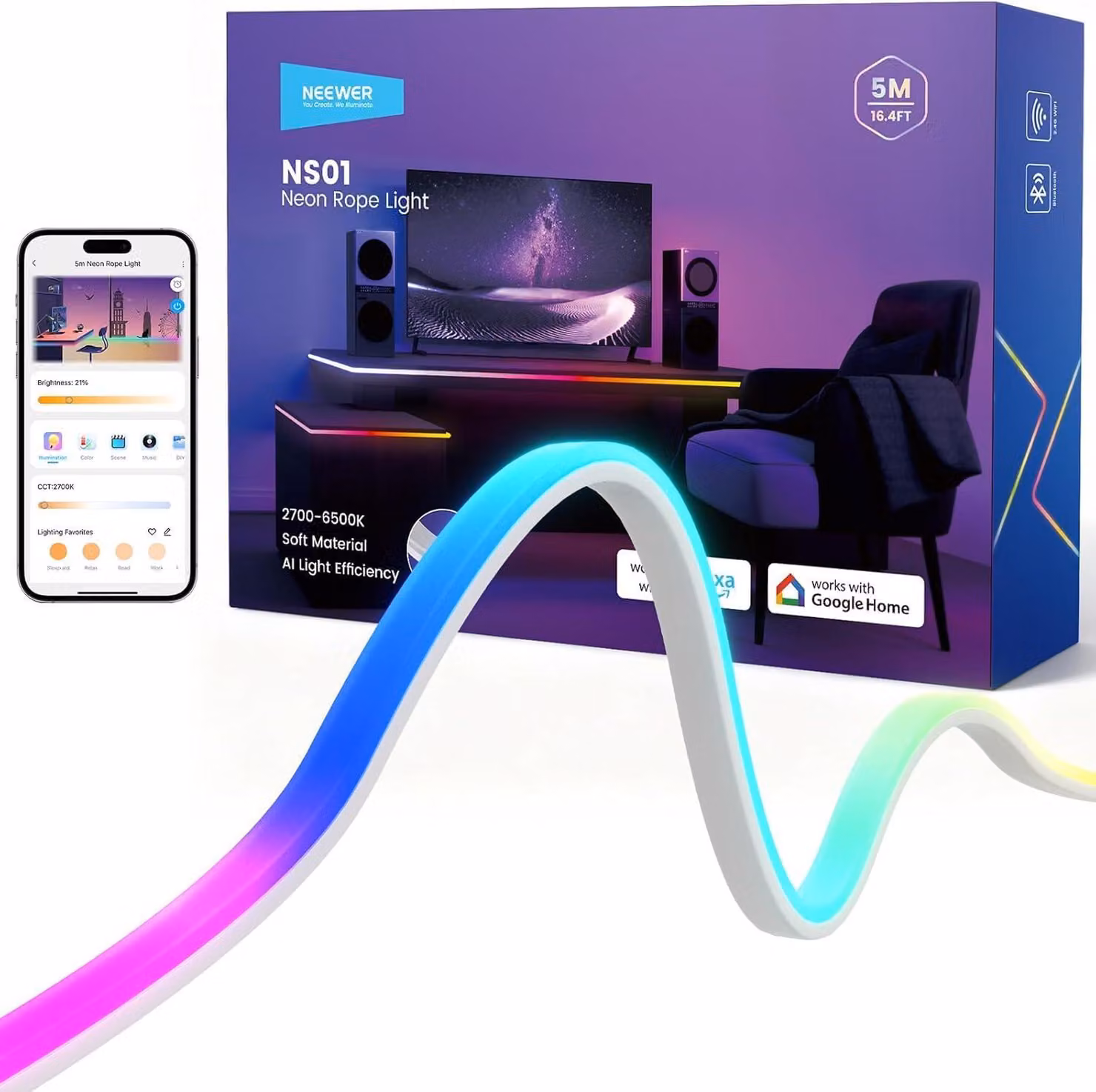 Striscia LED effetto neon, 5 metri, RGB, multicolore, controllabile tramite app, flessibile, tagliabile