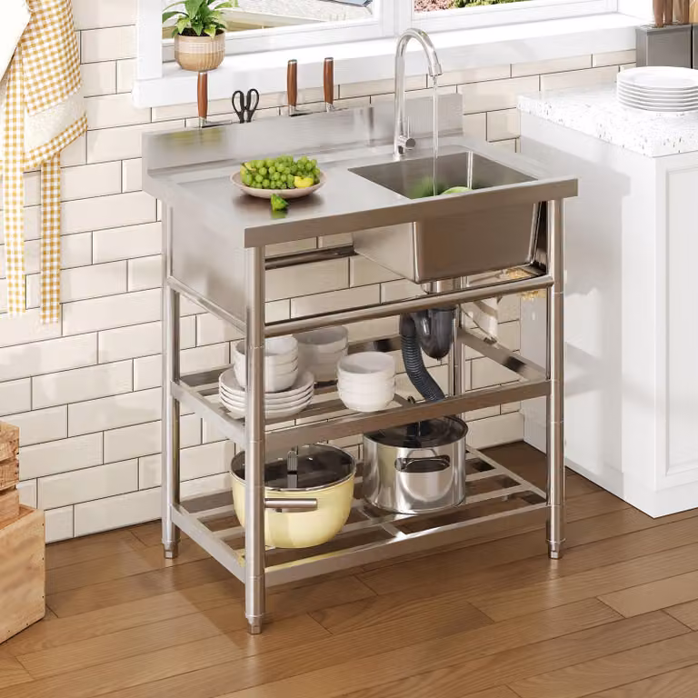Lavello in acciaio inossidabile con ganci e rubinetto, lavello da esterno con ripiani e scarico a forma di U, ideale per cucine da esterno, colore argento