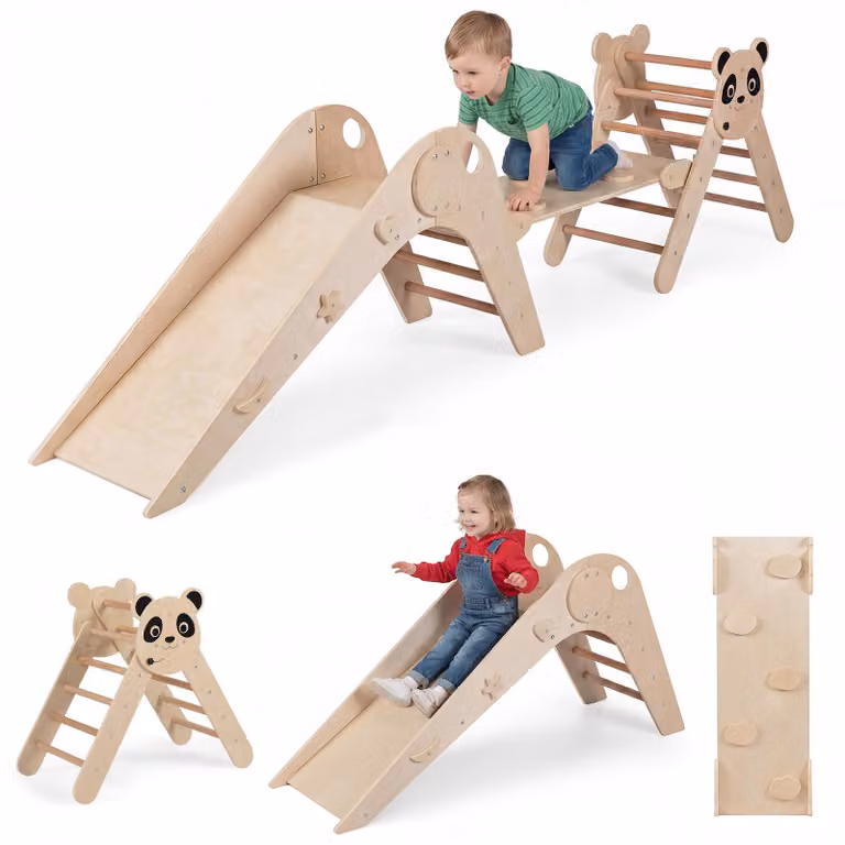 Set da arrampicata Montessori KOMFOTTEU, composto da 3 elementi: triangolo da arrampicata con scivolo, rampa e scala da arrampicata. Giocattolo da interno per bambini dai 3 anni in su, realizzato in legno, ideale per la stanza dei giochi e la cameretta