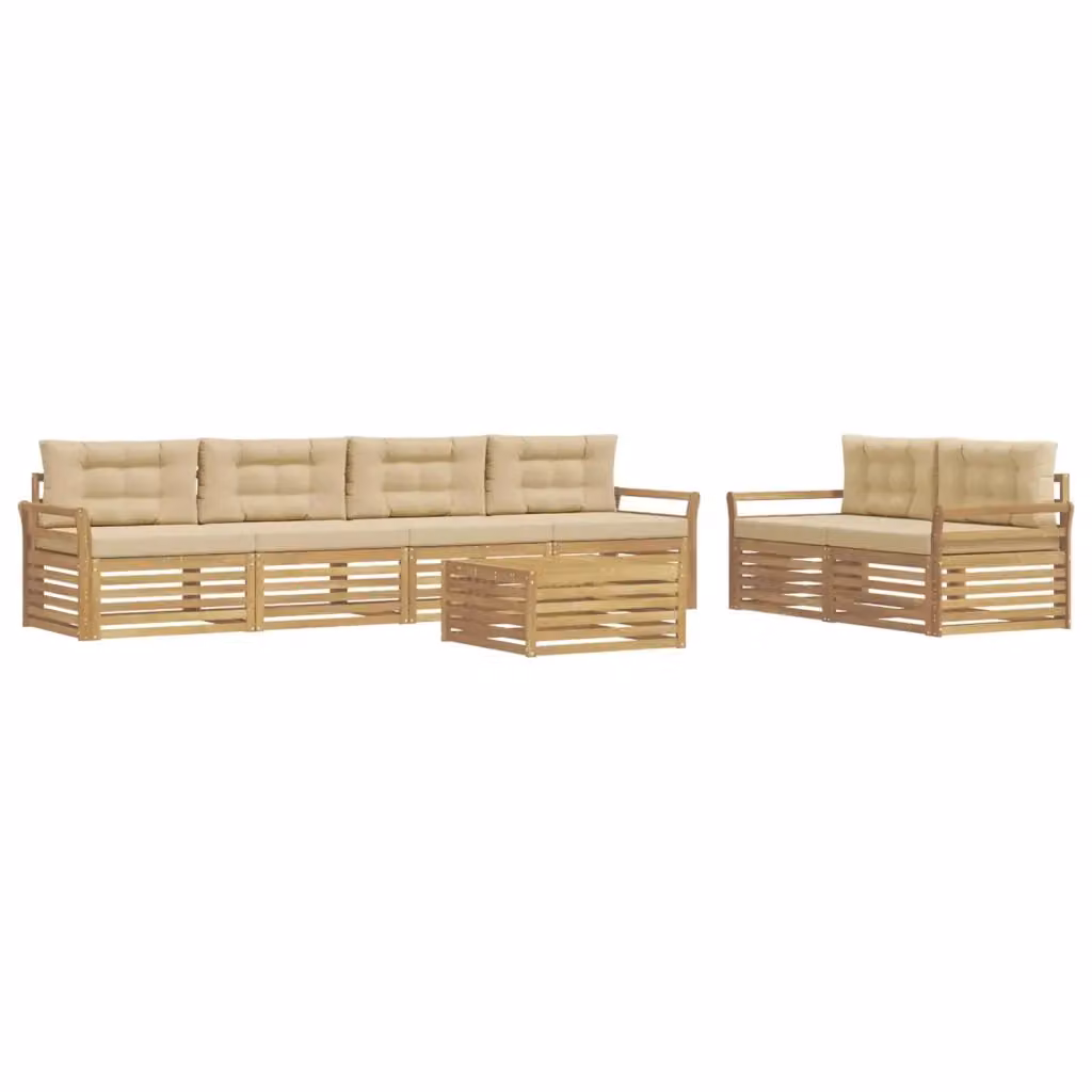 Set di divani da esterno a forma di U vidaXL in legno di acacia con tavolo da caffè, 7 pezzi, Bianco e Beige – 2
