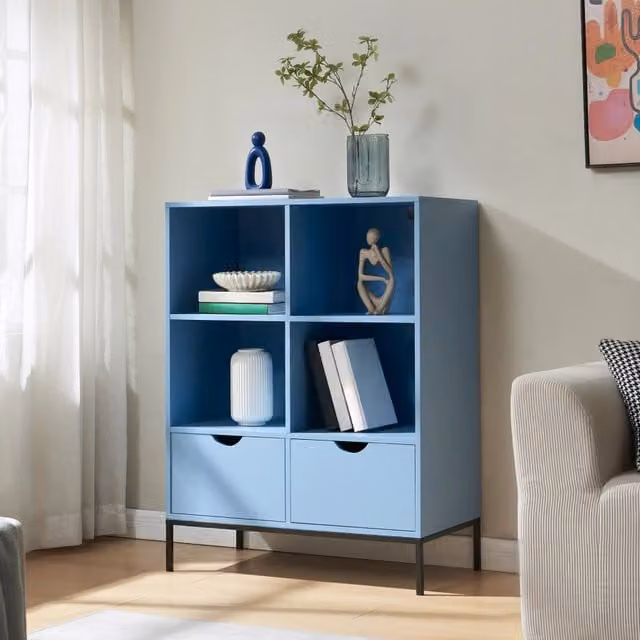 Libreria Colwyn en.casa con 4 ripiani e 2 cassetti, colore blu e nero, H: 105 cm, L: 80 cm, P: 40 cm