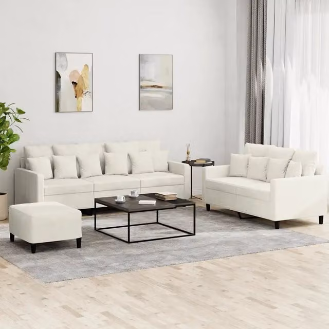 Set di divani moderno vidaXL in velluto beige composto da divano a 3 posti, divano a 2 posti e pouf con cuscini inclusi