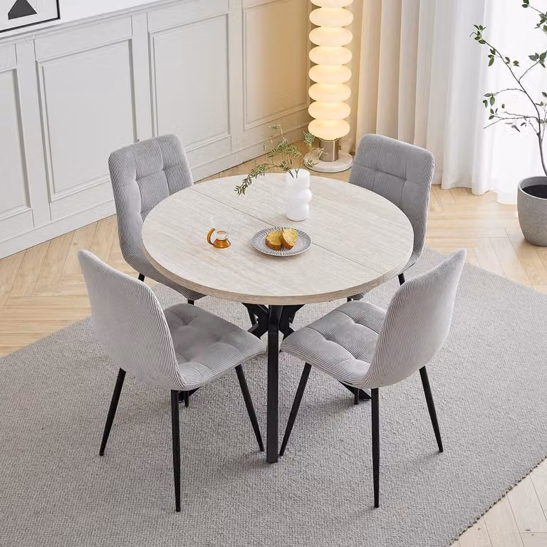 Set tavolo e sedie da pranzo: 1 tavolo, 4 sedie. Tavolo rotondo, diametro 100 cm, colore giallo/grigio chiaro. Sedie con schienale alto