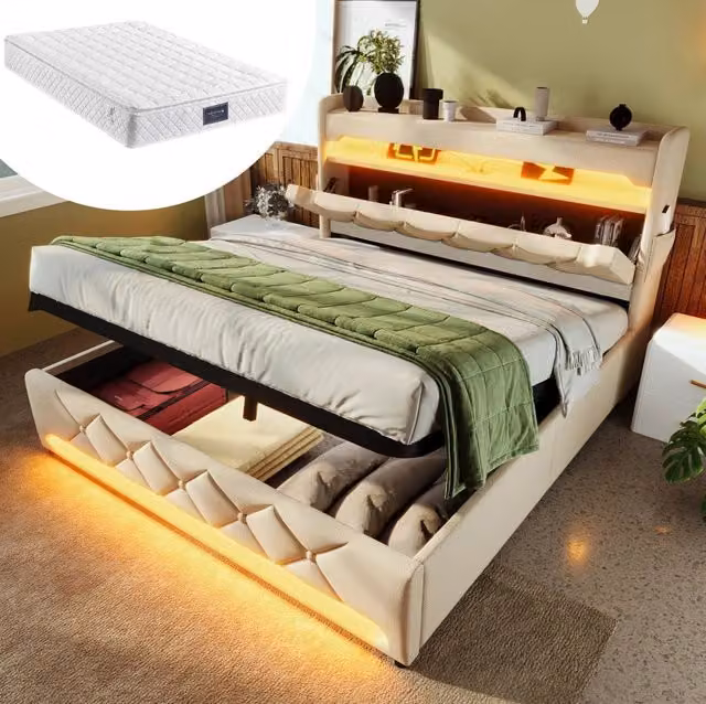Letto matrimoniale imbottito 160x200 cm con contenitore idraulico, testiera beige in lino con porta USB e porta Tipo-C, illuminazione LED a 360°