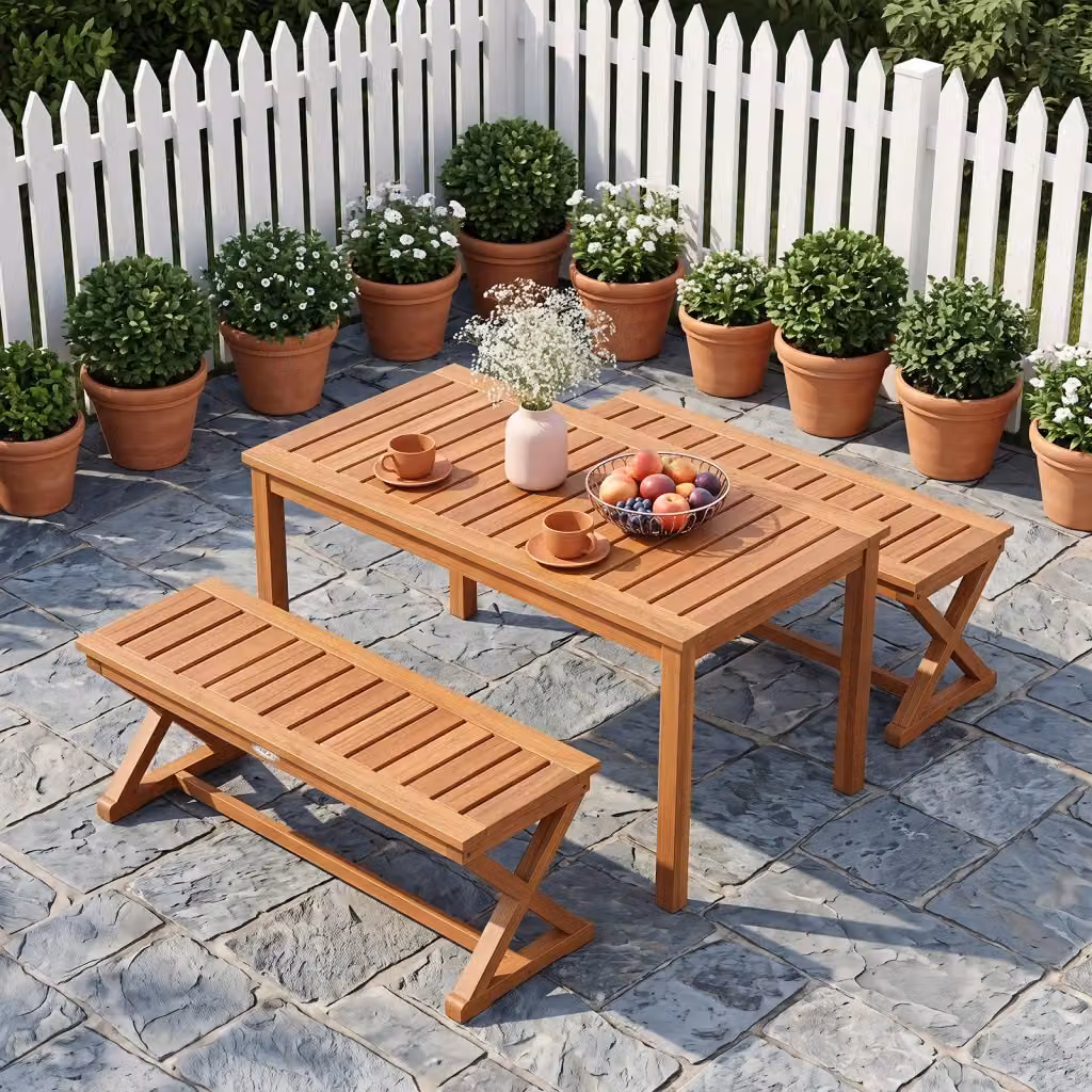 Panca da giardino a 2 posti in legno di teak marrone con gambe a X per esterno, terrazza o balcone – 2