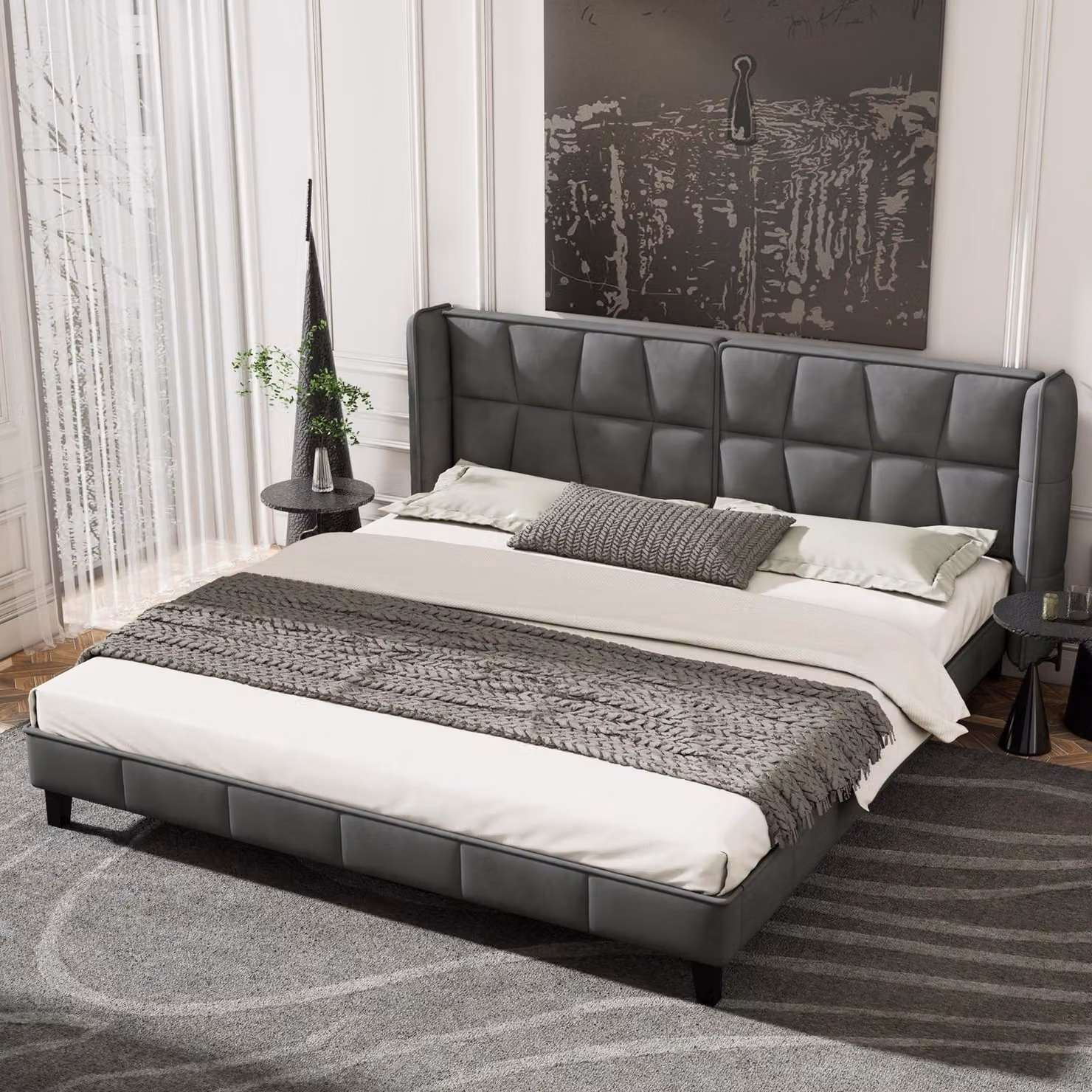 Letto imbottito 180 x 200 cm con rete a listelli, testiera imbottita, listelli in legno, traversa centrale e piedi di supporto, rivestito in velluto, colore grigio
