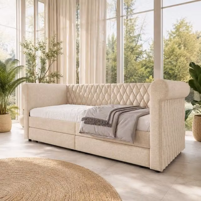 Letto da giorno ULEVR 90x200 cm con 2 cassetti, struttura in lino beige e funzione divano