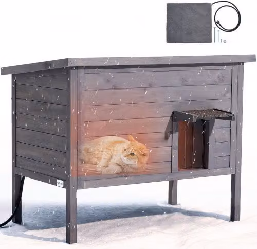VEVOR Cuccia Riscaldata per Gatti in Legno di Abete, Rifugio Isolato e Impermeabile per Esterno con Tetto Apribile, L 87 x P 53,5 x H 69 cm