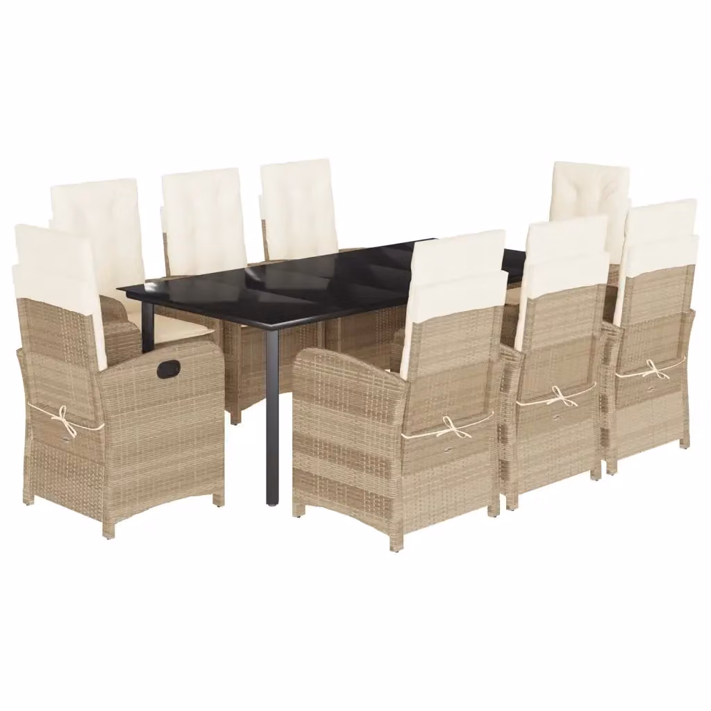Set da Pranzo da Giardino vidaXL 9 pz in Polyrattan con Cuscini Beige e Tavolo in Vetro – 2