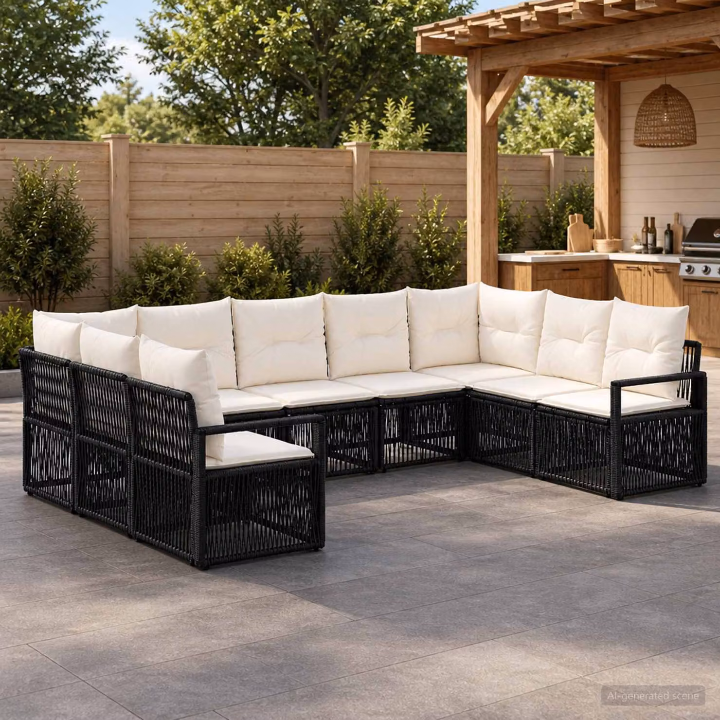Set Divano da Giardino vidaXL 9 pz Moderno a Forma di U con Cuscini Imbottiti Nero e Bianco