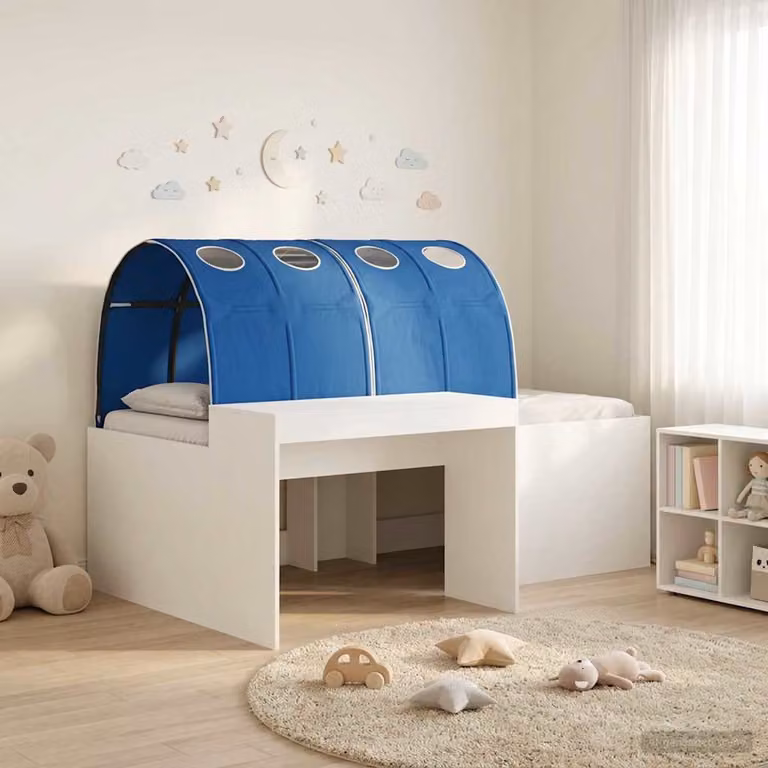 vidaXL Letto per bambini con struttura a casetta e tunnel, Bianco e Blu, L/P/H: 200 x 80 x 123,5 cm
