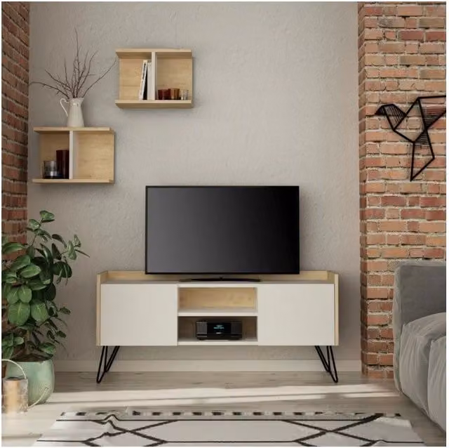 Mobile porta Tv 2 ante Klappe 125,5x33x56,5 bianco e struttura rovere